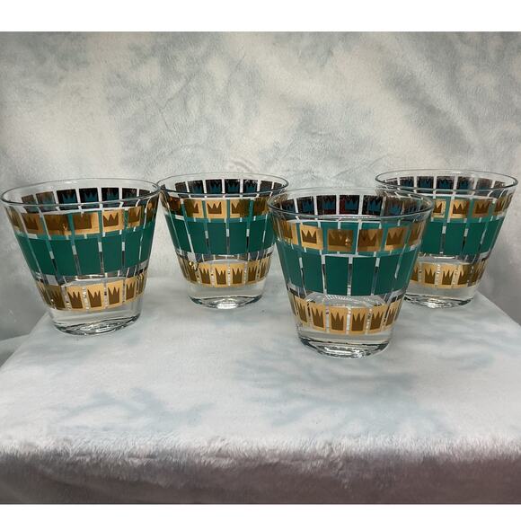 Vintage MCM Fred Press Lowball Glass Teal Stripe Gold Crowns Set of 4 - Picture 1 of 11